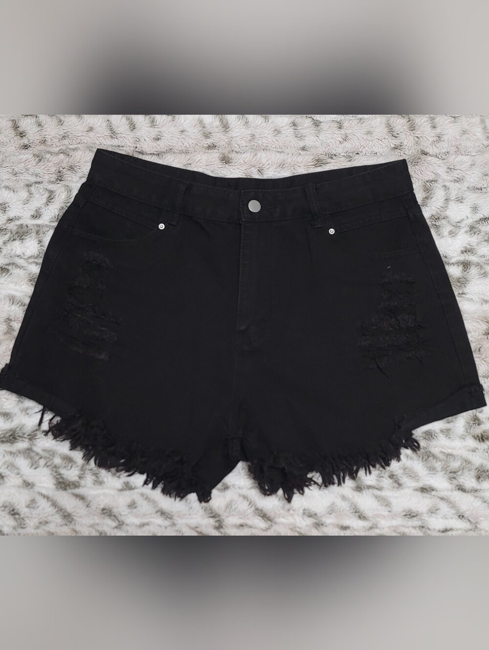 High-Rise Black Distressed Jean Shorts with Frayed Hem